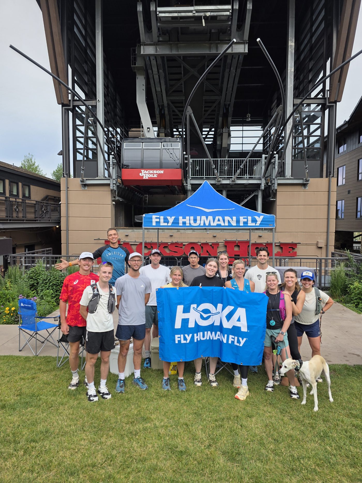 Rendezvous Run Club group with HOKA at the Jackson Hole tram
